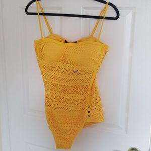 Yellow lace one piece swimsuit